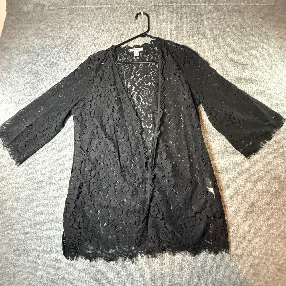 Isaac Mizrahi Live Black Floral Lace Open Front Cardigan Eyelash Trim Womens M